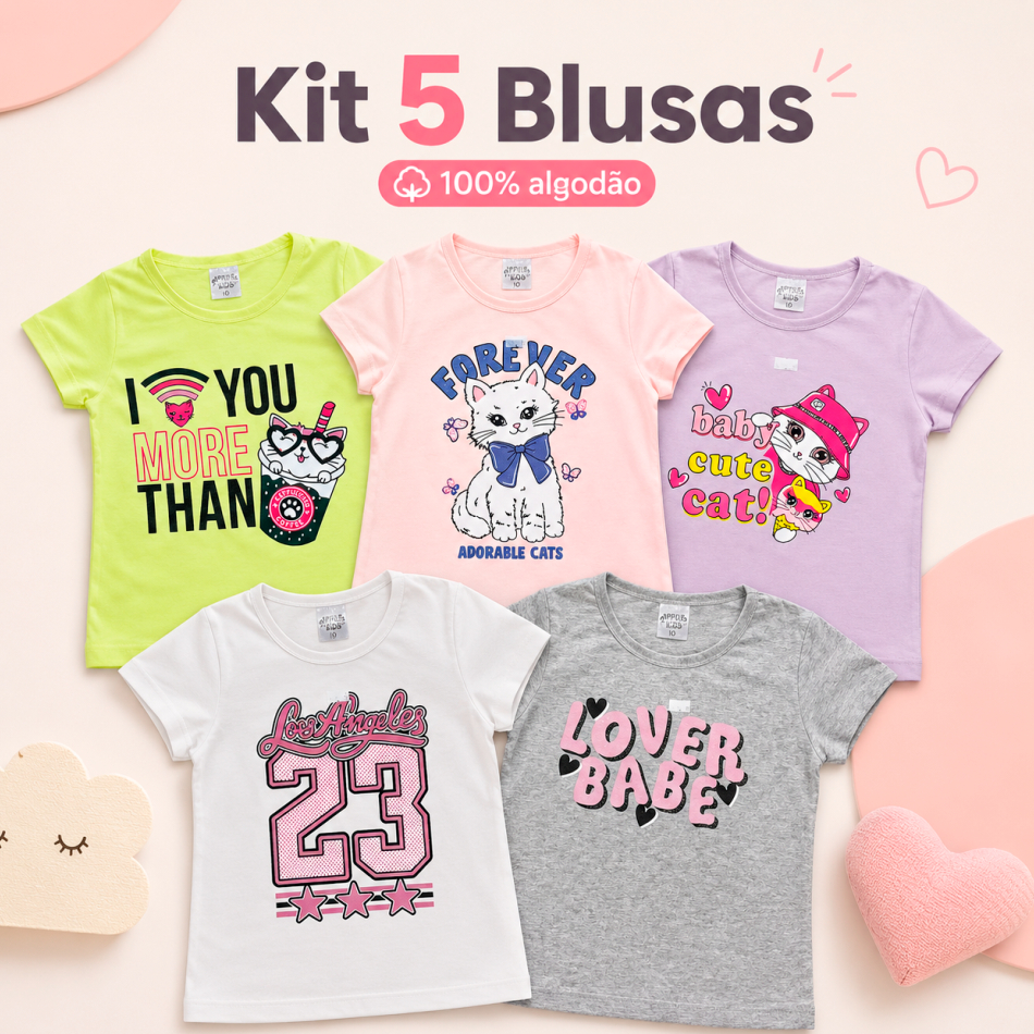 Kit 5 Blusa Feminina Infantil Estampadas 100% Algodão Básica Confortável