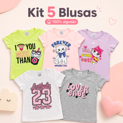 Kit 5 Blusa Feminina Infantil Estampadas 100% Algodão Básica Confortável