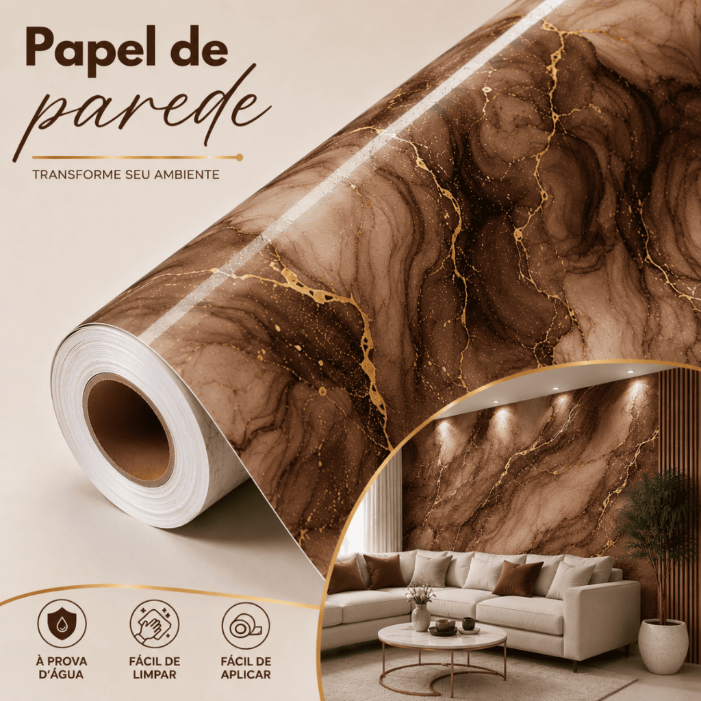 Papel de Parede Adesivo Mármore Marrom Dourado Luxo Lavável Autocolante Fácil Aplicação Sala Quarto Lavabo