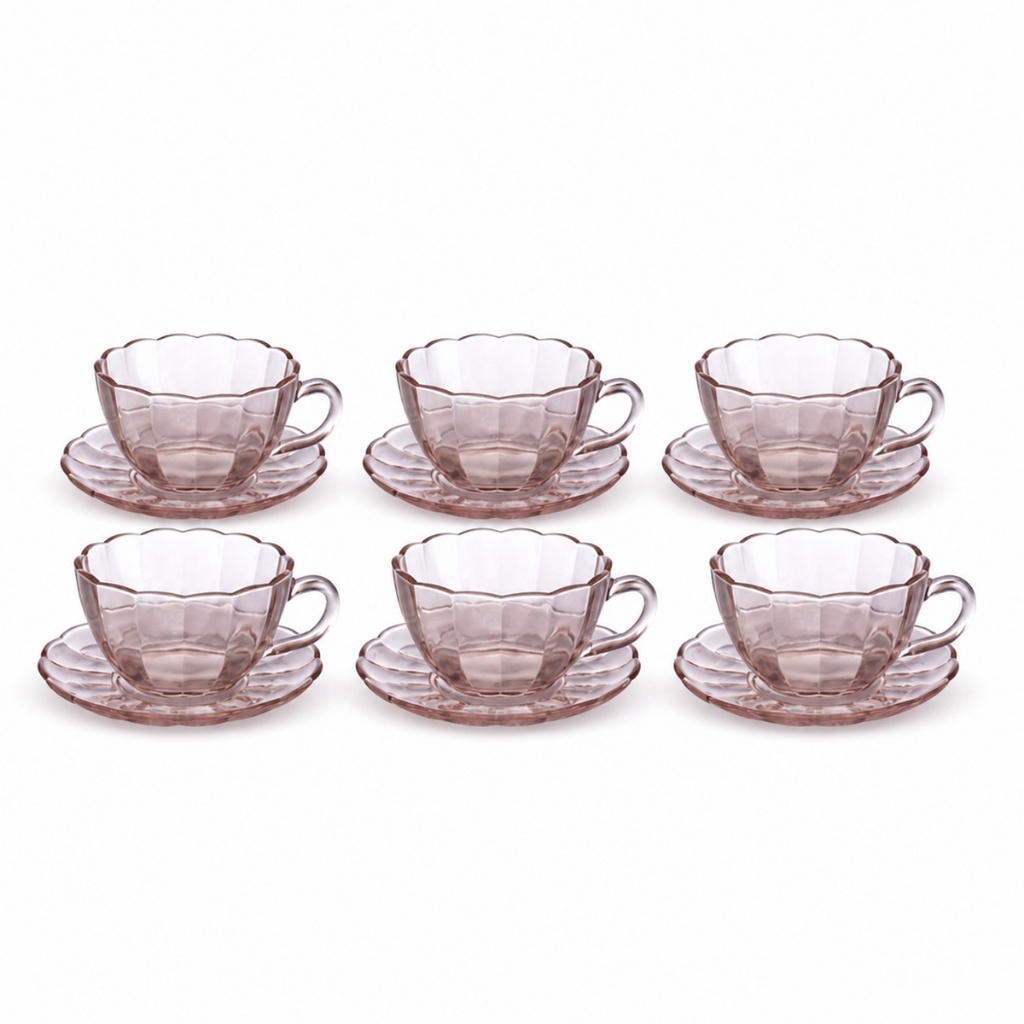 Jogo 6 Xícaras Com Pires Para Chá ou Café Vidro Peach 240ml Hauskraft