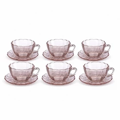 Jogo 6 Xícaras Com Pires Para Chá ou Café Vidro Peach 240ml Hauskraft
