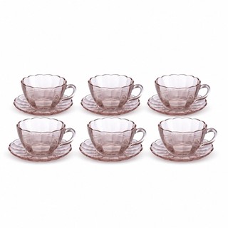 Jogo 6 Xícaras Com Pires Para Chá ou Café Vidro Peach 240ml Hauskraft