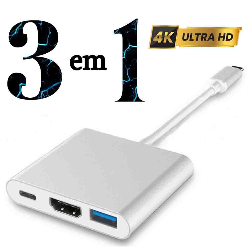 HUB 3 em 1 Adaptador Tipo C HDMI USB Dex | Compatível com Samsung S8 S9 S10 Note 8 9 10 e Macbook