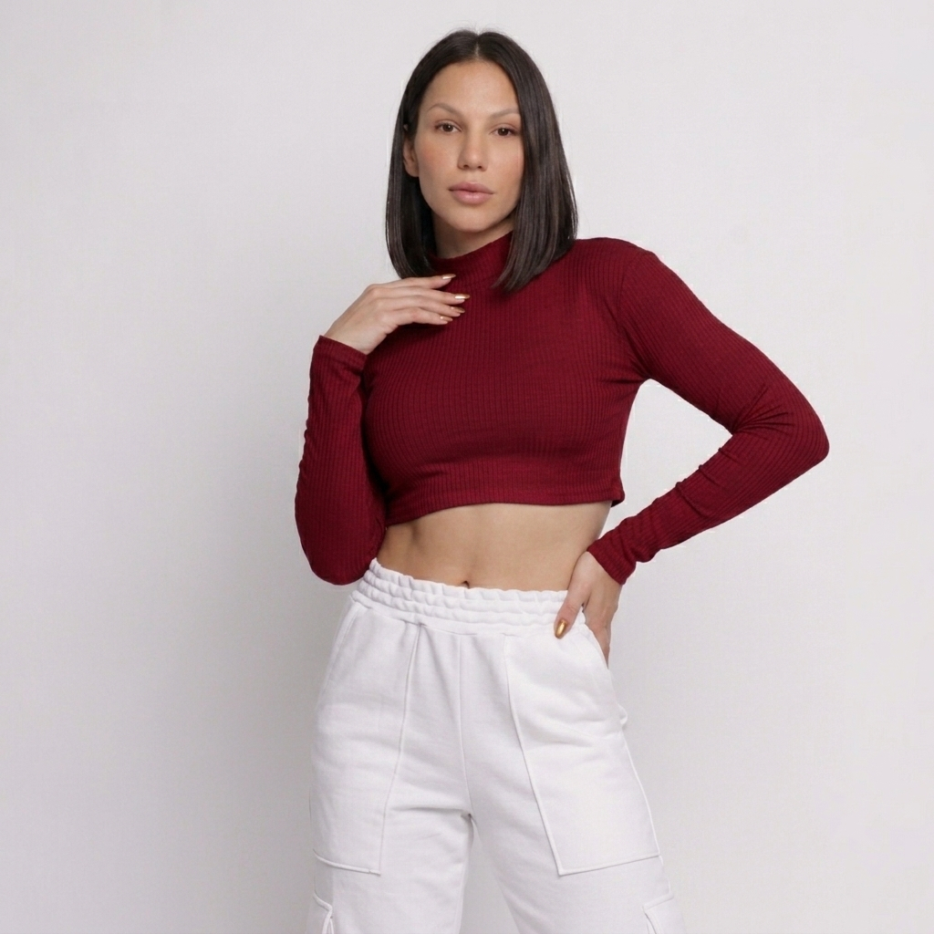 Cropped Manga Comprida Gola Alta Canelado Feminina Moda Elegante Básica