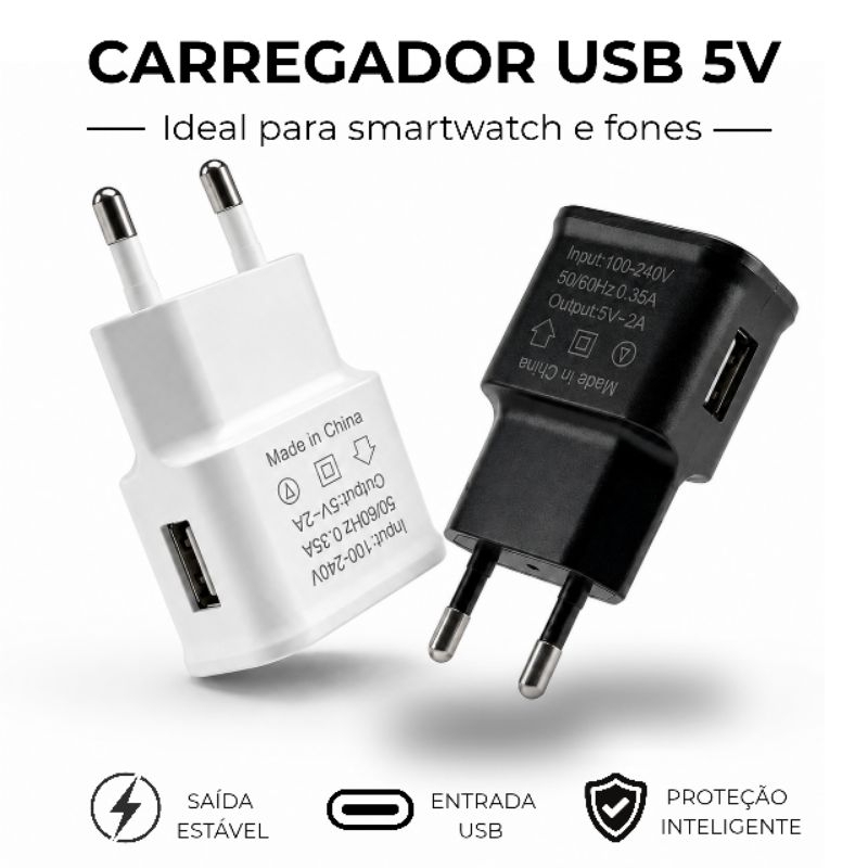 Carregador Smartwatch Fonte USB 5V 2A/3A Bivolt para Relógio Inteligente e Fones Bluetooth