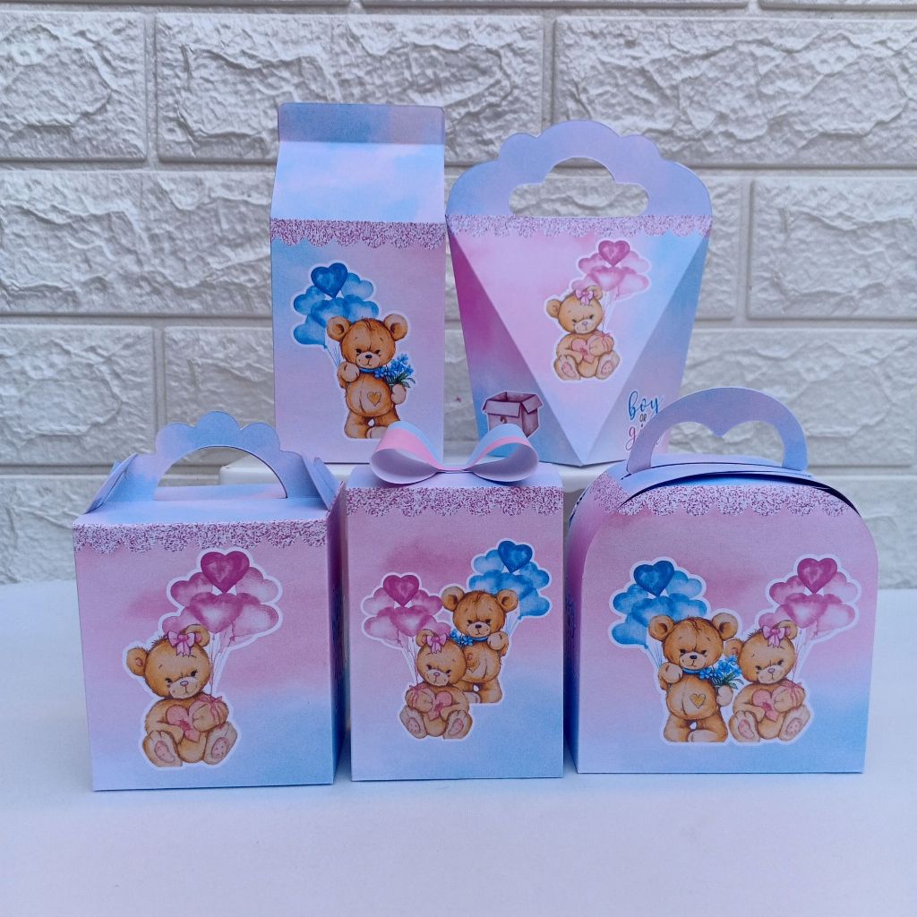 Kit Caixinhas URSINHOS AZUL E ROSA CHÁ REVELAÇÃO 2.0 Lembrancinha Mimos de Festa para Decoração - DESMONTADAS