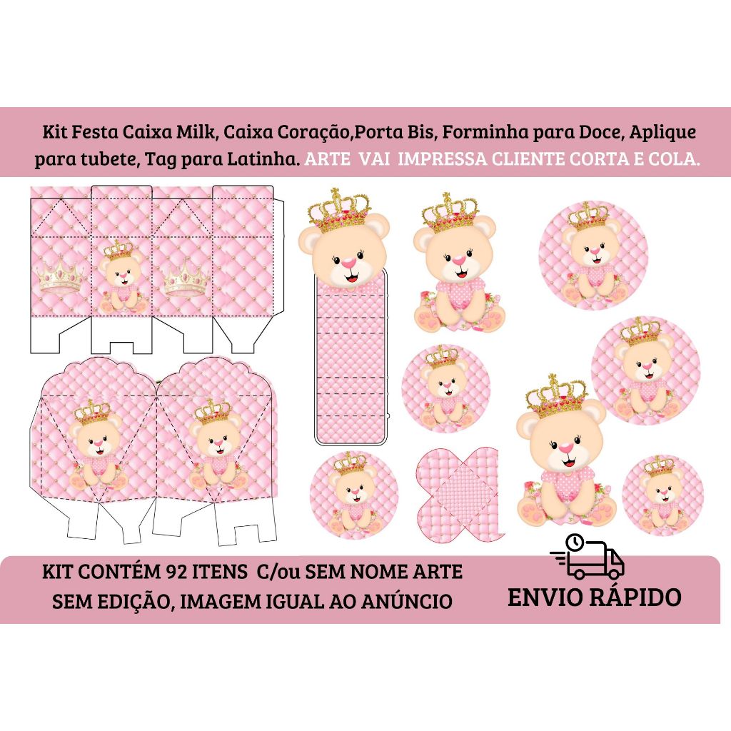 Kit com 92 Itens Ursinha Princesa rosa Personalizada Caixinha Lembrancinha para festa