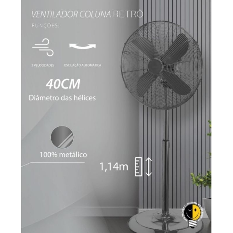 Ventilador Coluna Spirit Retrô Para Quarto Sala Chumbo