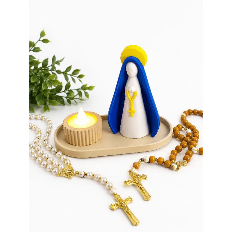 Nossa Senhora Aparecida Azul 3D com Vela e Bandeja – Kit Religioso Decorativo