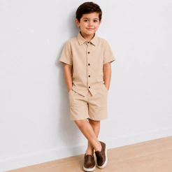 Conjunto Infantil Menino Camisa e Bermuda Viscolinho Social 2 Peças Estilo Mauricinho