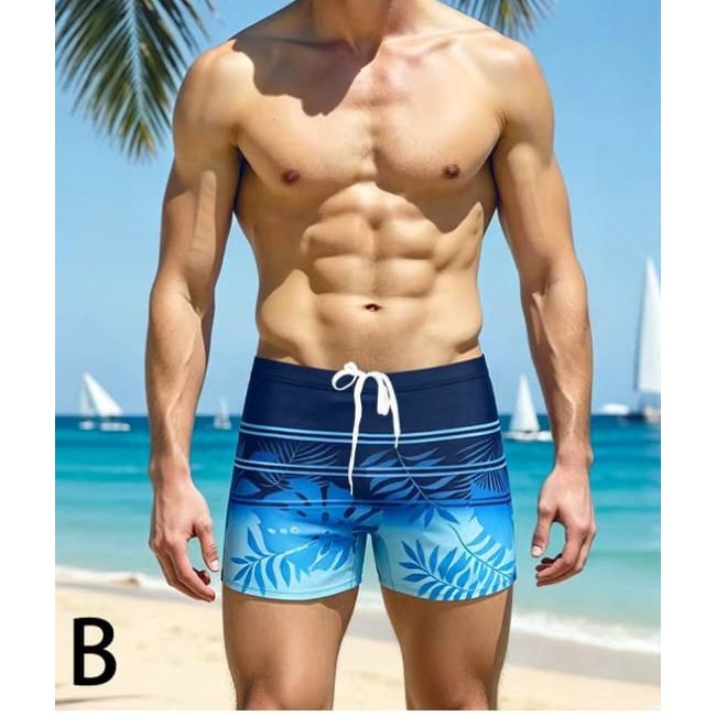 Sunga Boxer Masculina Degradê Azul Oceano Estampa Folhagem com Cordão Ajustável Moda Praia G155