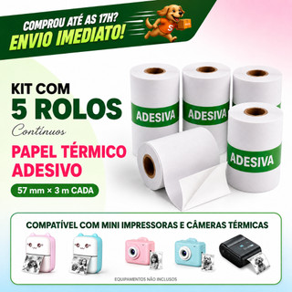 Kit 5 Bobina Etiqueta Continua Térmica Adesiva Autocolante 57x30 Branco Rolo Mini Impressora Portátil Resistente a Água
