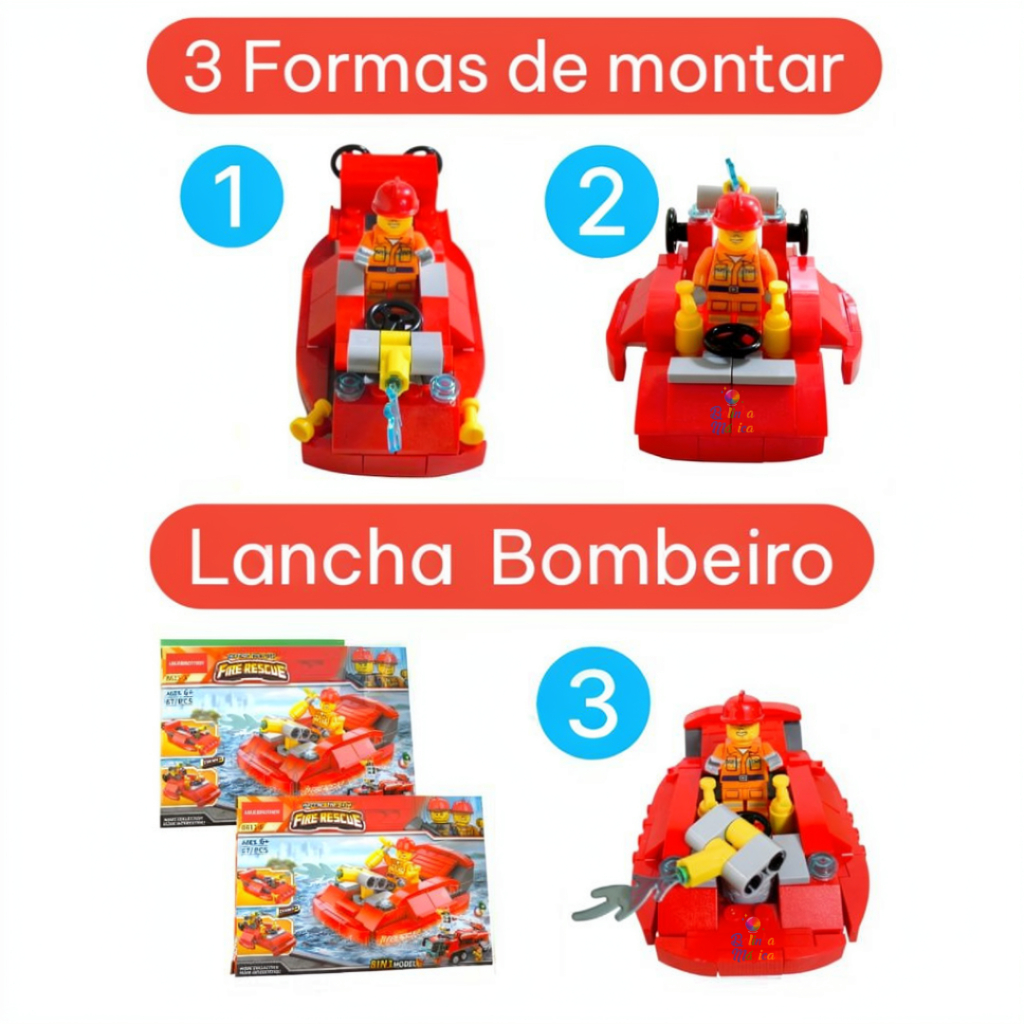 Bloco De Montar Lancha Barco de Bombeiro 87 Peças Brinquedo Educativo Estimula Criatividade Infantil