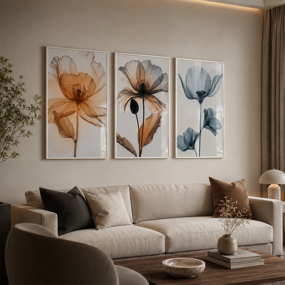 Quadro Decorativo Florescer Suave 3 Telas Moldura Branca 50x75 Com Vidro