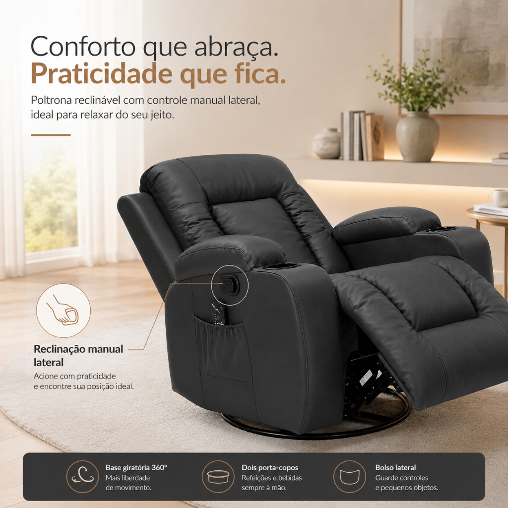 Poltrona Reclinável Sala Poltrona do Papai Poltrona de Leitura Austin Massagem Giratória PU Preto G94