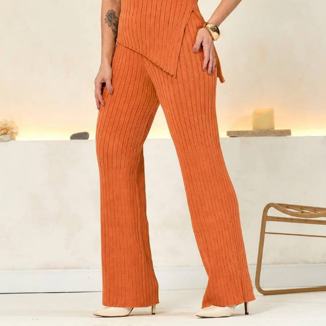 Calça Tricot Feminina Canelada Reta Modal Dubai Confortável Roupa Feminina Elegante Versátil