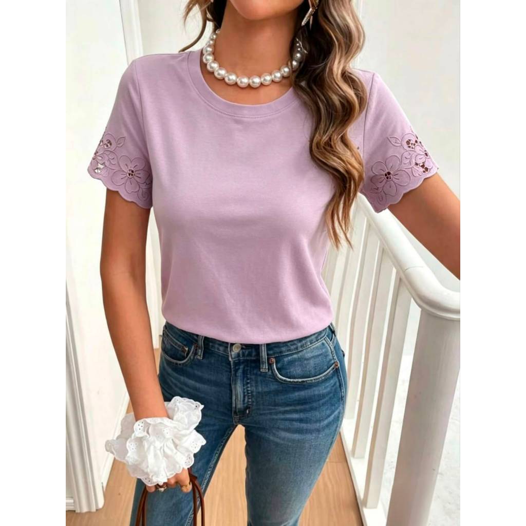 Blusa Simples Liso Feminina Verão Primavera Gola Redonda Com Renda Bordado de ilhó Formato leque Bainha com babado Praia