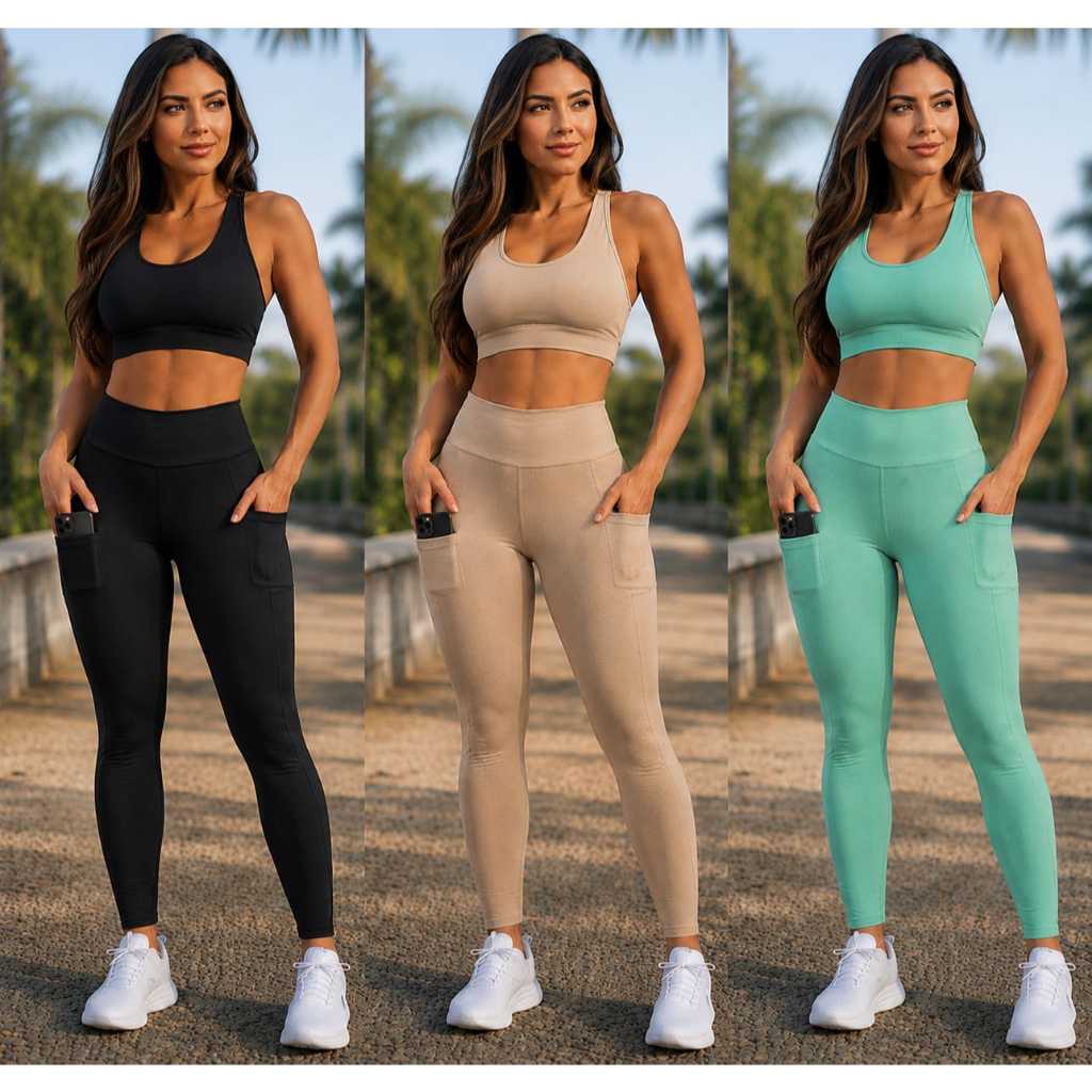 Kit 1 ou 2 Calça Legging Academia, Ciclista, Corrida, Feminina com Bolso Lateral duplo, Zero Transparência Cintura Alta.