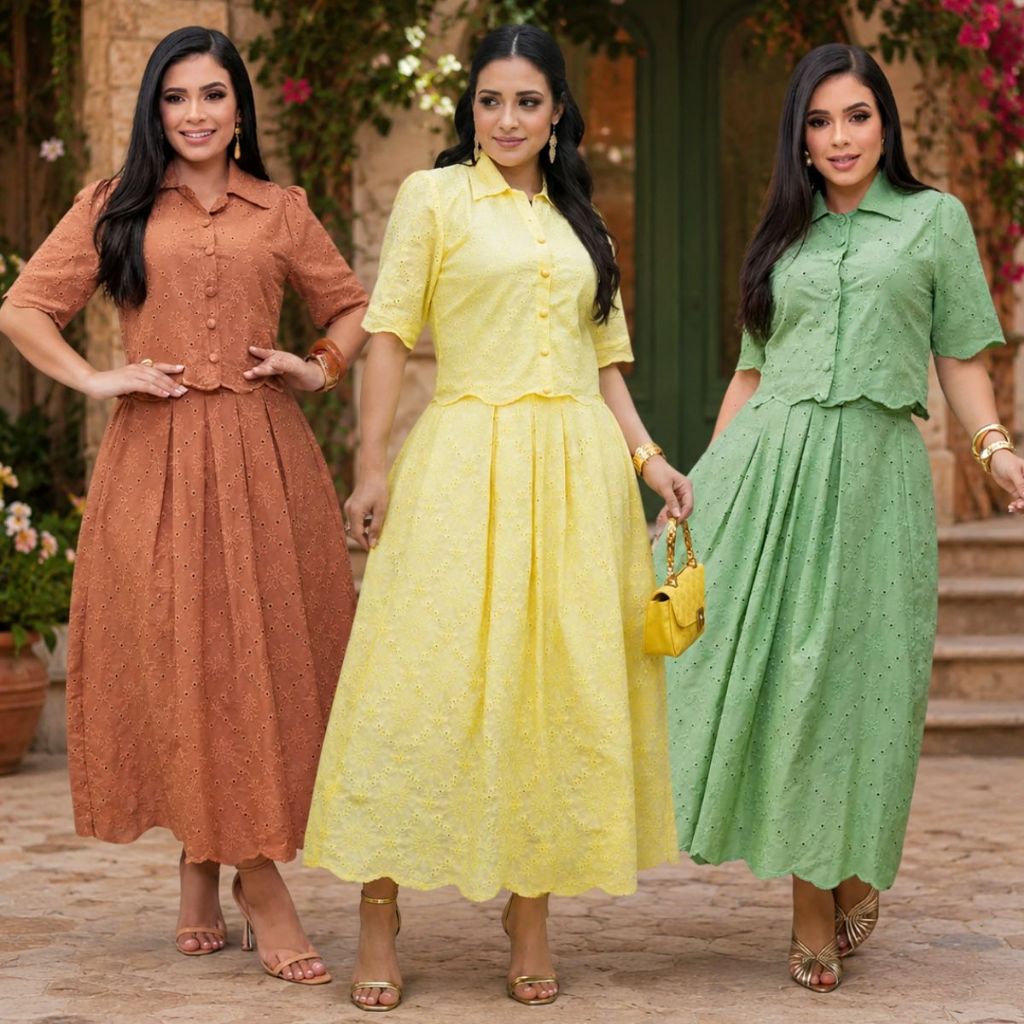 Conjunto Blusa e Saia Mídi 100% Algodão Feminino Moda Clássica Modesta Evangélica Elegante Confortável Delicado Social