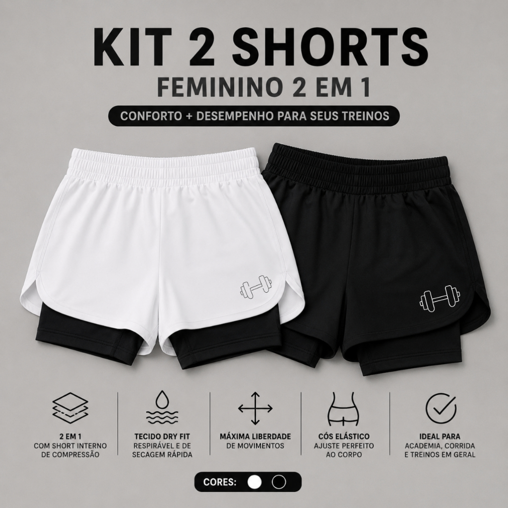 Kit 2 Short 2 em 1 Feminino Compressão Academia Dryfit Fitness Caminhada com Bolso Secreto