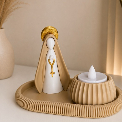 Kit Nossa Senhora 13cm com Bandeja e Porta Vela LED | Decoração Religiosa Minimalista