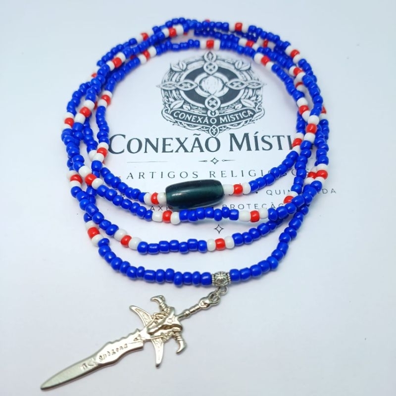 Guia de Ogum 1 Fio Azul, Branco e Vermelho | Guia de Umbanda | Colar de Ogum | Guia Espiritual com pingente