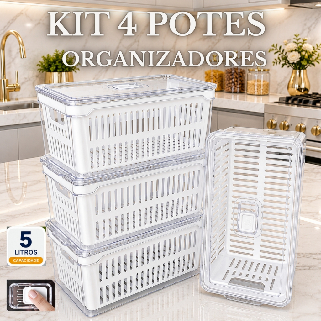 KIT 4 POTES ORGANIZADORES DE GELADEIRA 5 LITROS - ACRÍLICO COM CESTO E VÁLVULA DE VENTILAÇÃO PARA ALIMENTOS