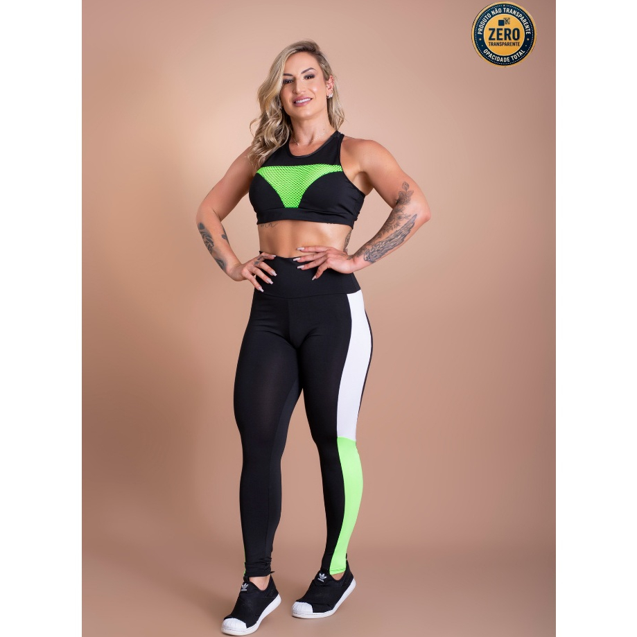 Conjunto Femino Calça Legging Fitness Cintura Alta Faixa Lateral E Top Nadador Tela Academia ZERO TRANSPARÊNCIA