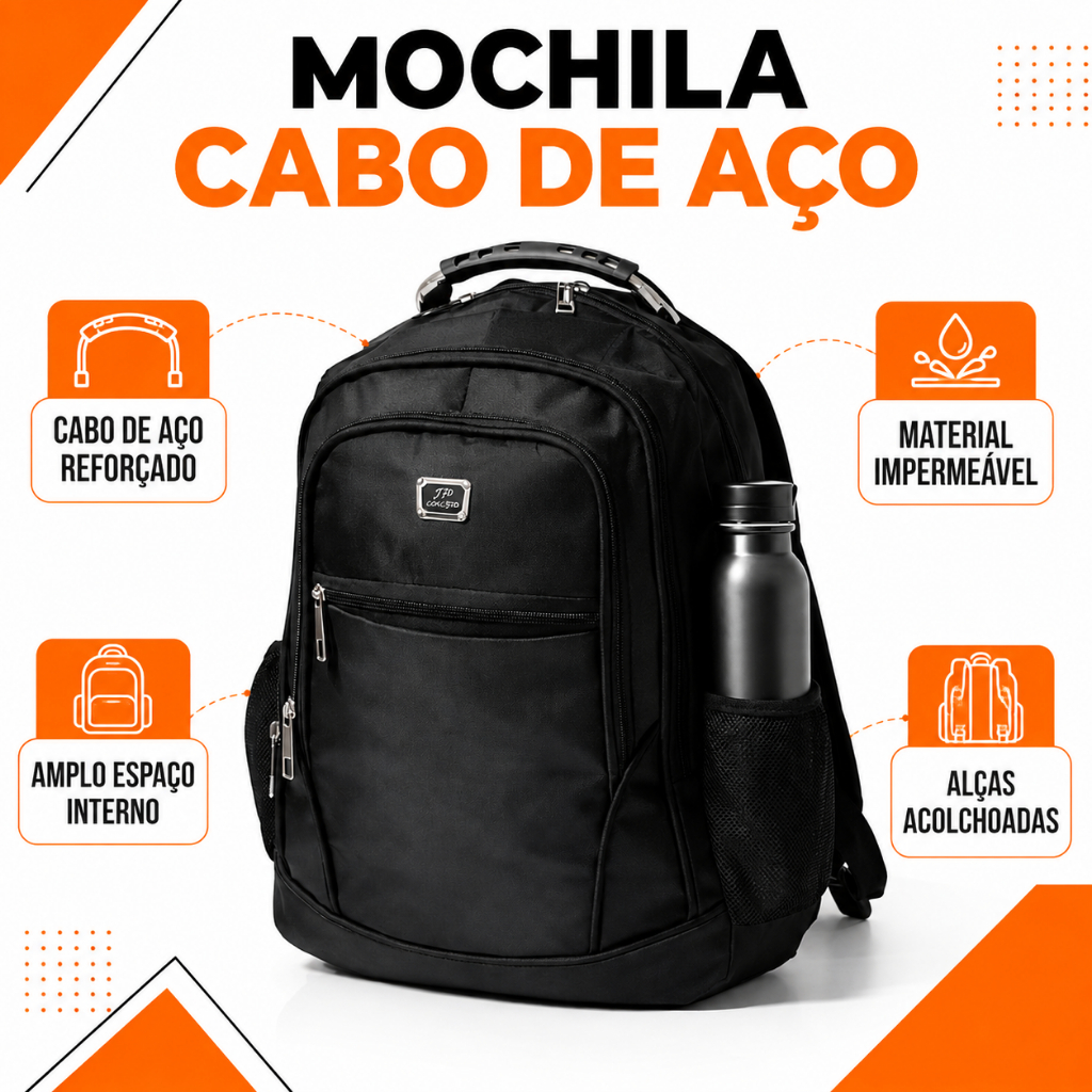 Mochila com Cabo de Aço Impermeável, Resistente e Espaçosa para Viagem, Trabalho, Faculdade e Bagagem de Mão Masculina e