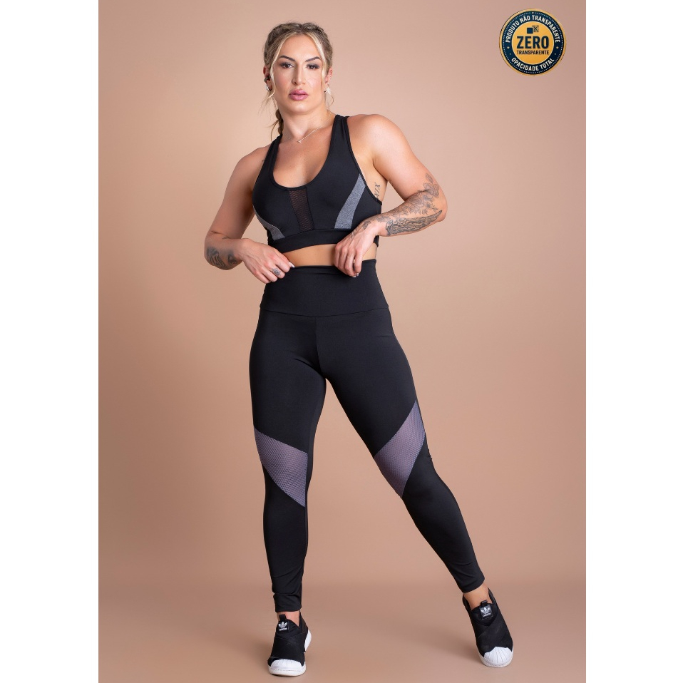 Conjunto Fitness Feminino Calça Legging Cintura Alta E Top Nadador Sustentação Tela Frontal Academia ZERO TRANSPARÊNCIA