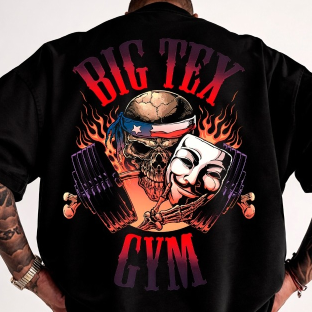Camiseta Oversized Masculina Big Tex Gym Caveira Academia Fitness Treino Streetwear 100% Algodão Premium