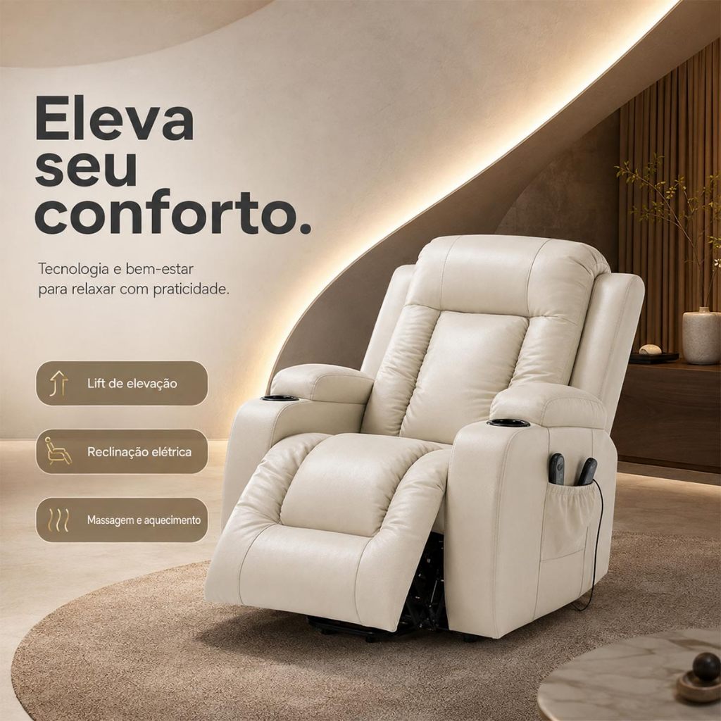 Poltrona de Massagem Elétrica Poltrona do Papai Poltrona Reclinável Austin Elevação Lift 150º PU Bege G94