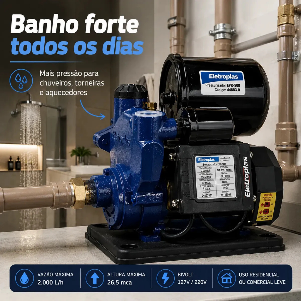 Bomba Pressurizadora de Agua para Chuveiro 1/2CV Bivolt (127V/220V) Eletroplas EPR-50B Automatica · foto 2