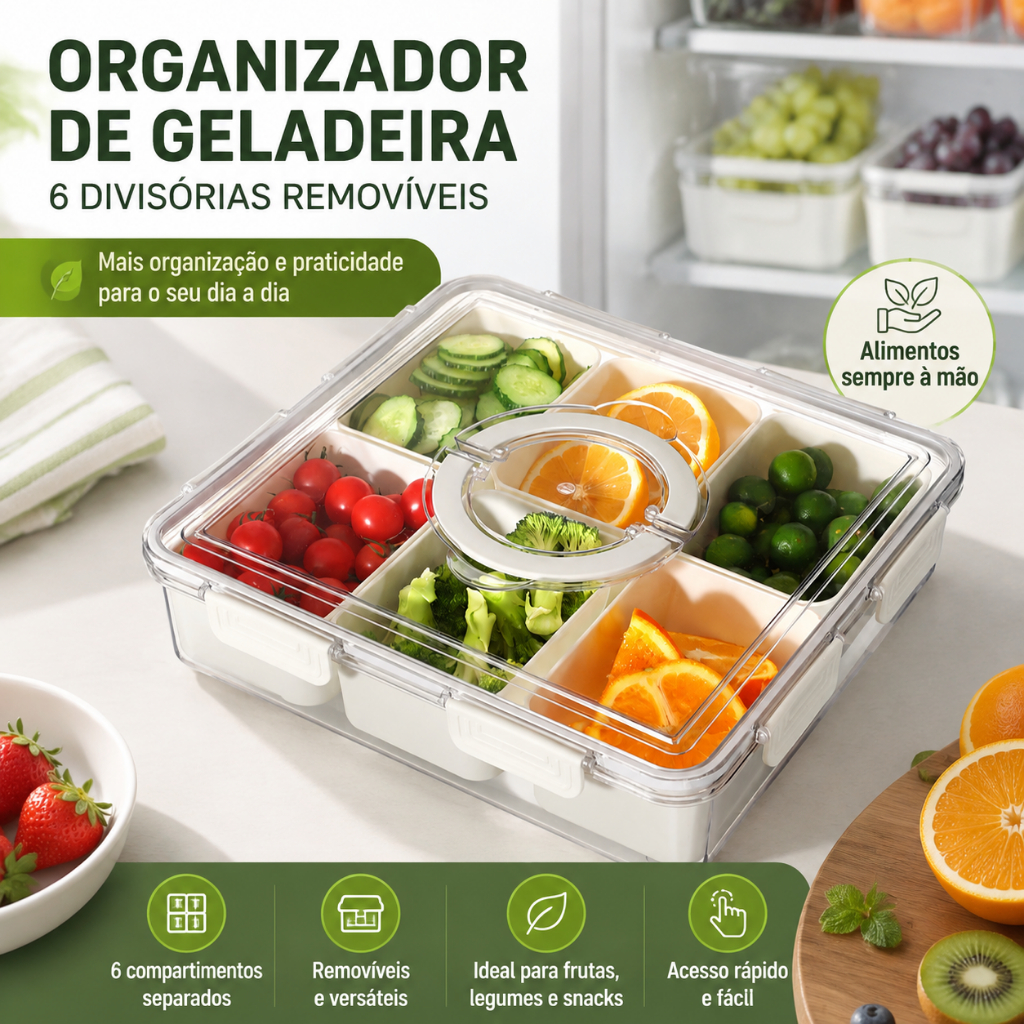 Organizador de Geladeira Hermético com 6 Divisórias Removíveis Pote Multiuso Transparente para Frutas e Alimentos