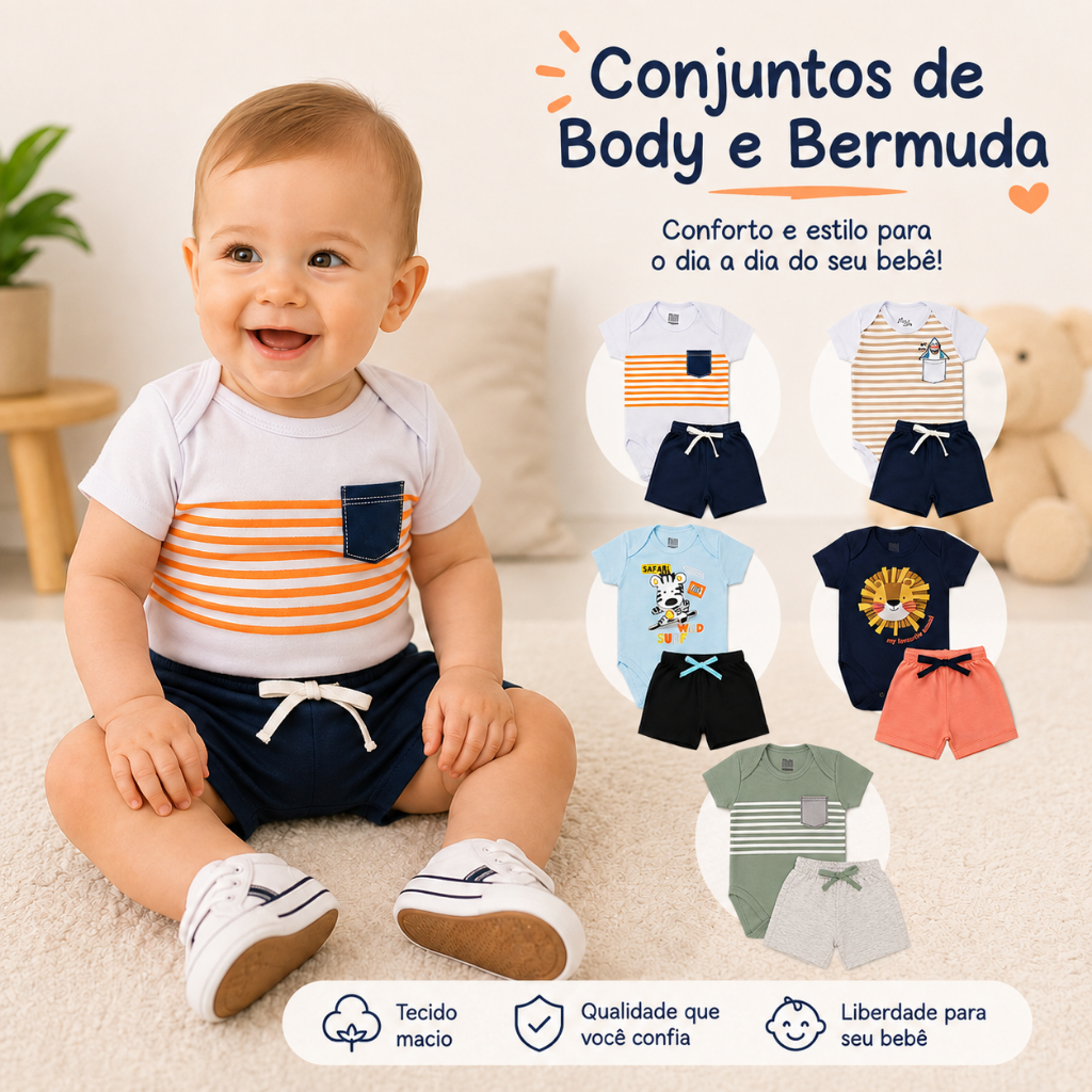 Conjunto Body Bebê 2 peças Menino Suedine e Moletinho Infantil