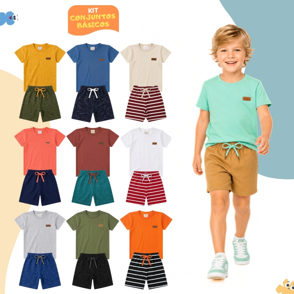 Kit 10 Peças Roupa Básica Infantil Menino - Conjunto Liso Verão Masculino Algodão - 5 Camisetas + 5 Bermudas