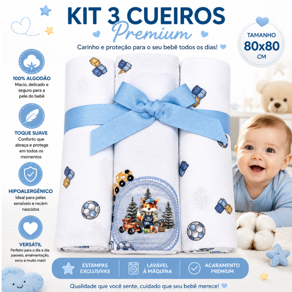 KIT3 Cueiros Manta Grande 80cm Premium 100% Algodão Flanelado Enxoval Completo Bebê 🎁