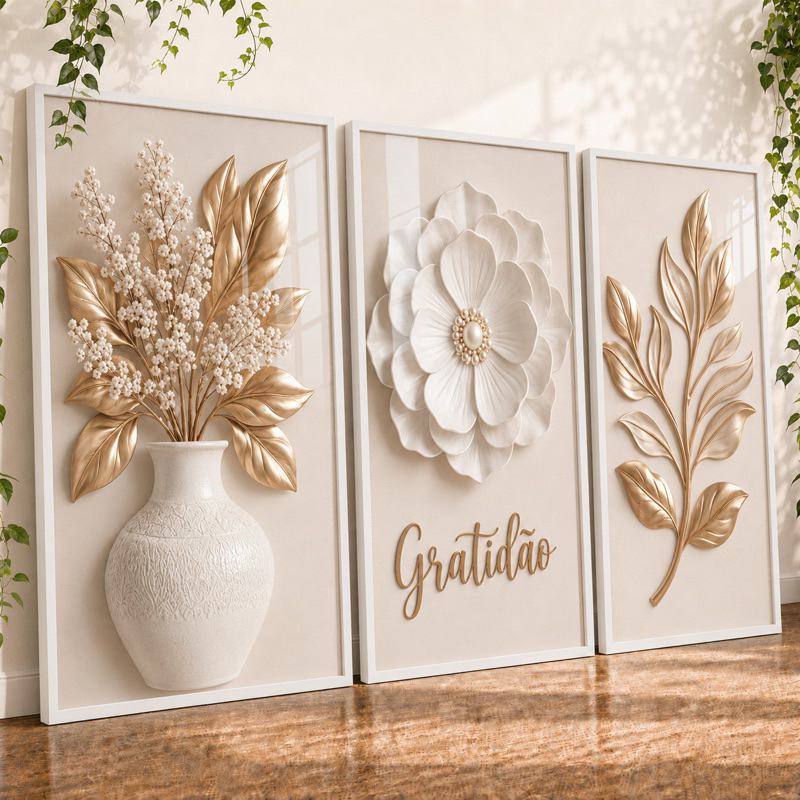 Quadros Decorativos Trio Gratidão Fé Floresça Flor Branco e Dourado Sala