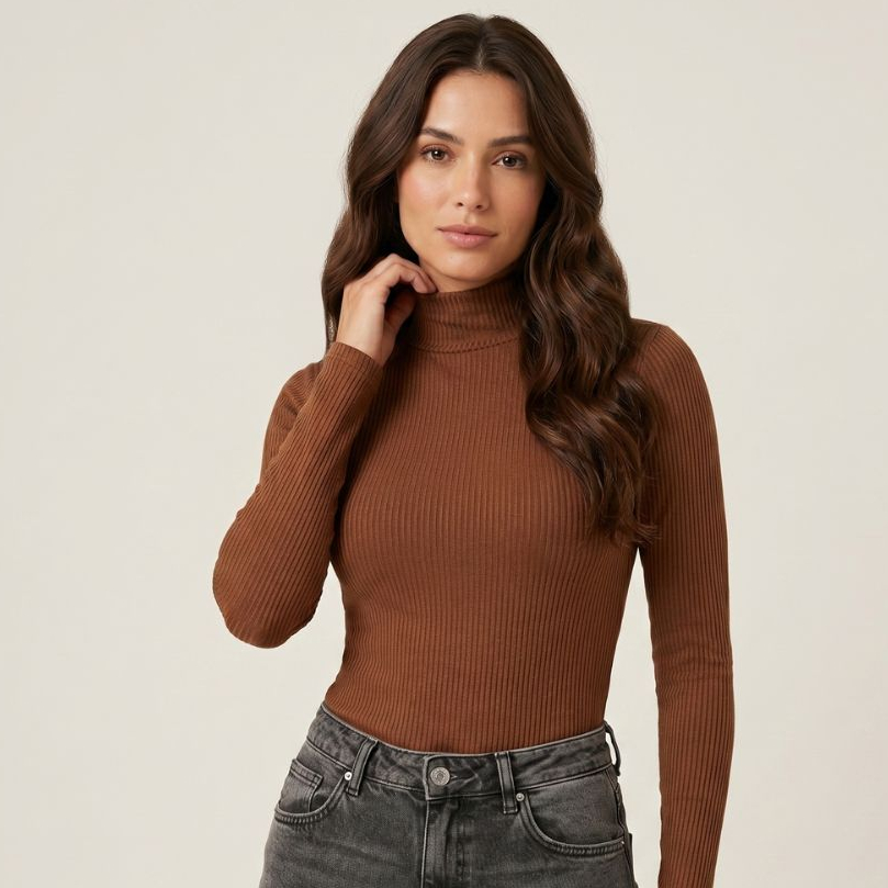 Blusa Cacharrel Feminina Manga Longa com Gola Alta Canelada Confortável Para o Inverno