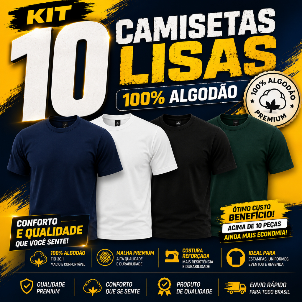 Kit 10 Camisetas Lisas 100% Algodão Premium – Atacado para Estampa, Uniforme e Revenda