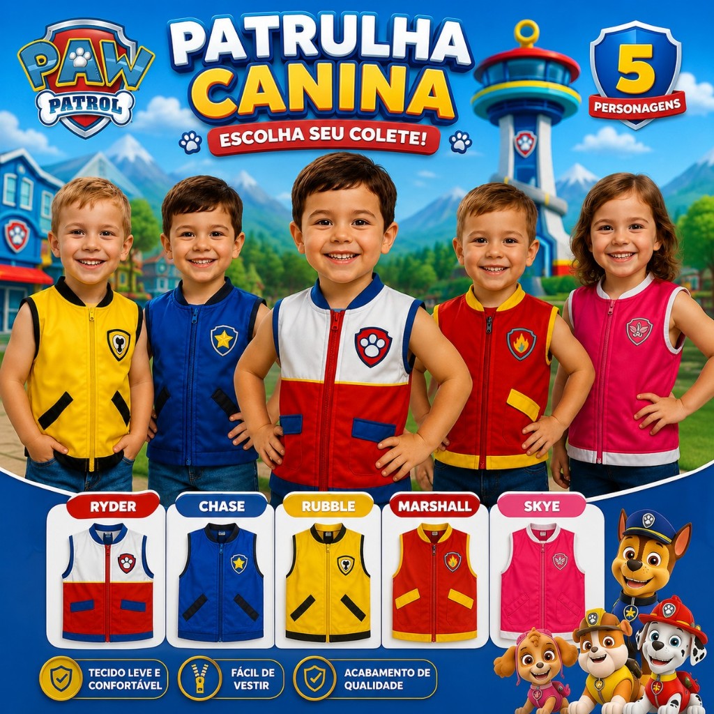 Colete Infantil Patrulha Canina Chase Skye Marshall Rubble Ryder Tamanho 2 ao 10 - Festas Carnaval