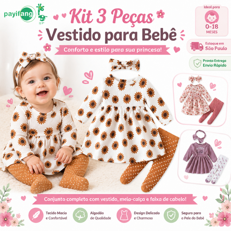 Payifang Conjunto Vestido Bebê Menina 3 Peças 0-18 Meses Roupa Infantil Algodão Faixa Cabelo Estampado