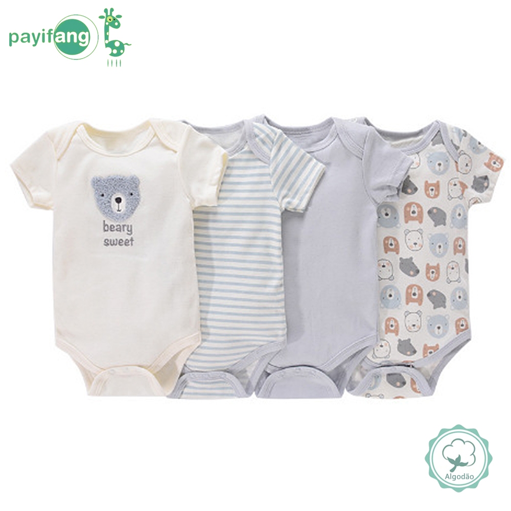 Payifang Kit 4 Peças Body Bebê Manga Curta Algodão Urso Bordado Listrado Infantil Menino