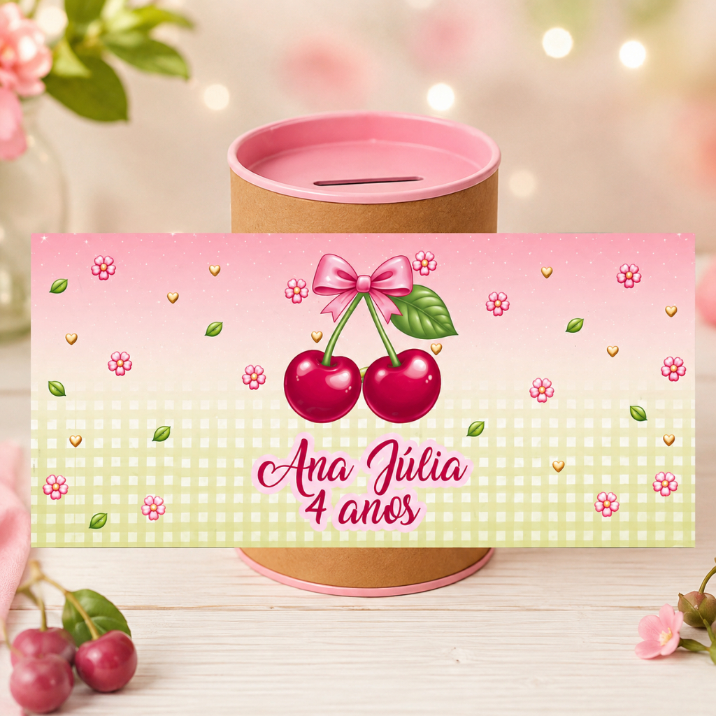 Rótulo para Cofrinho Personalizado tema Cerejinha 10x6 / Lembrancinha de Festa