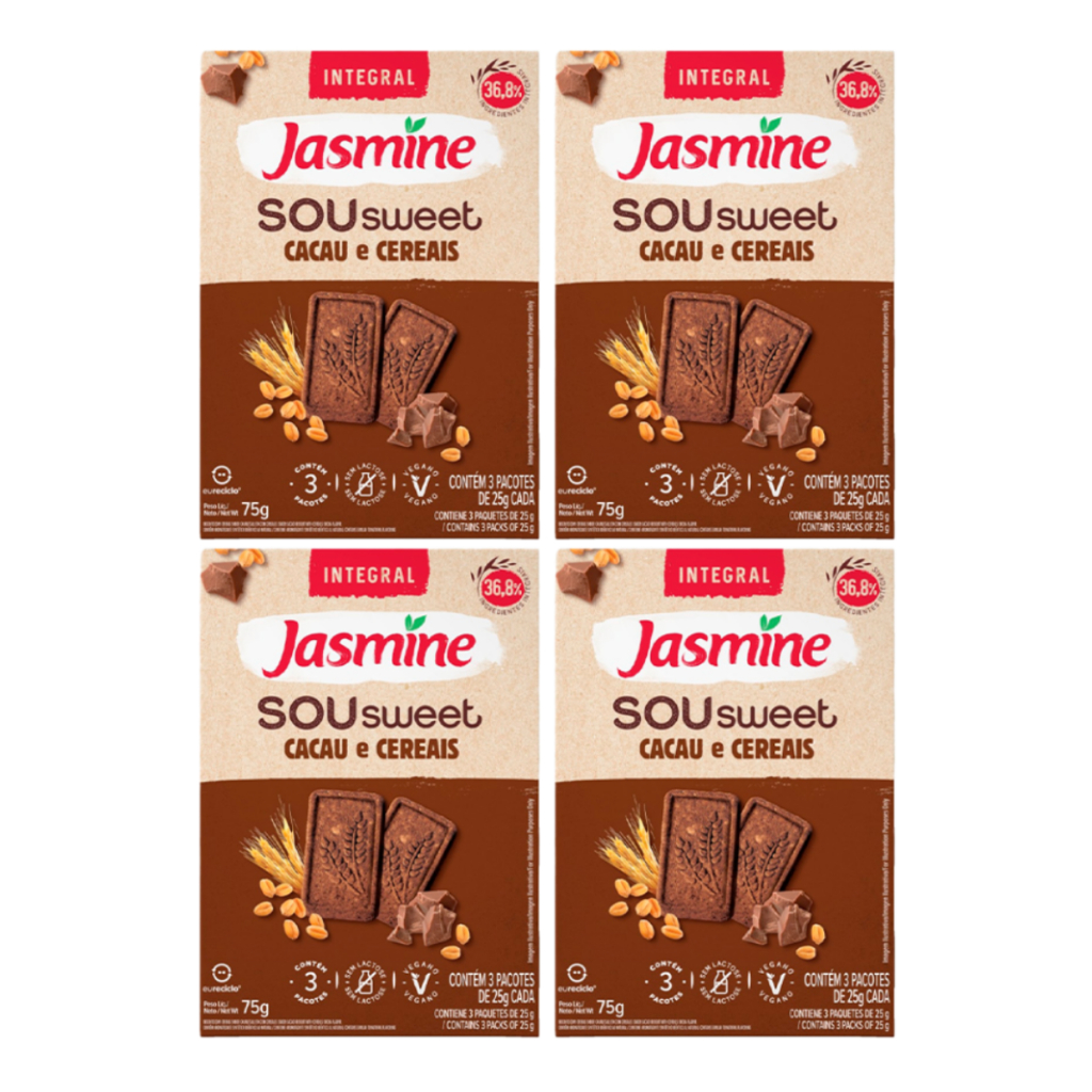Kit 4un Biscoito Vegano Integral Cacau e Cereais Jasmine Sou Sweet Caixa 75g