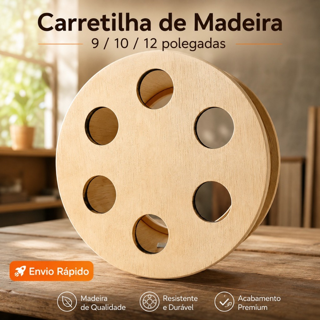 Carretilha de Pipa Madeira com Catraca Reforçada 9 10 12 Polegadas Resistente Profissional