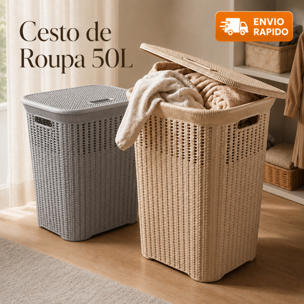 Cesto de Roupa Organizador Rattan 50L Lavanderia Premium