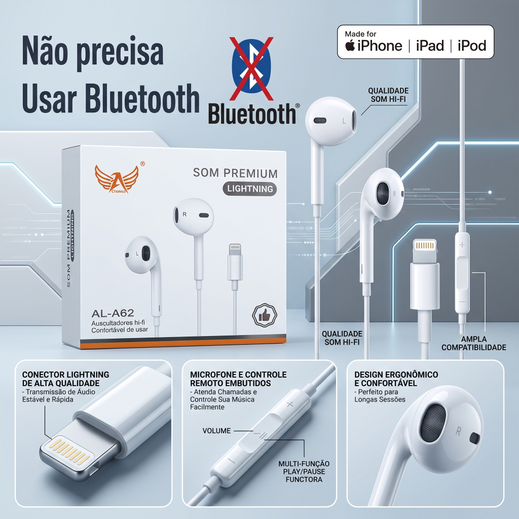Fone De Ouvido Lightning iphone Com Fio  Para Ipad Iphone 7 8 X 11 12 13 14 PRO 