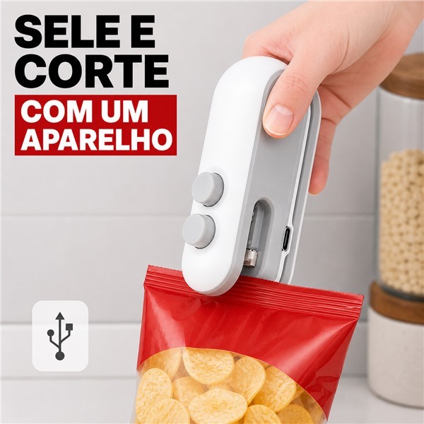 Mini Seladora Portátil 2 em 1 com Cortador e USB-C para Sacos Plásticos e Embalagens