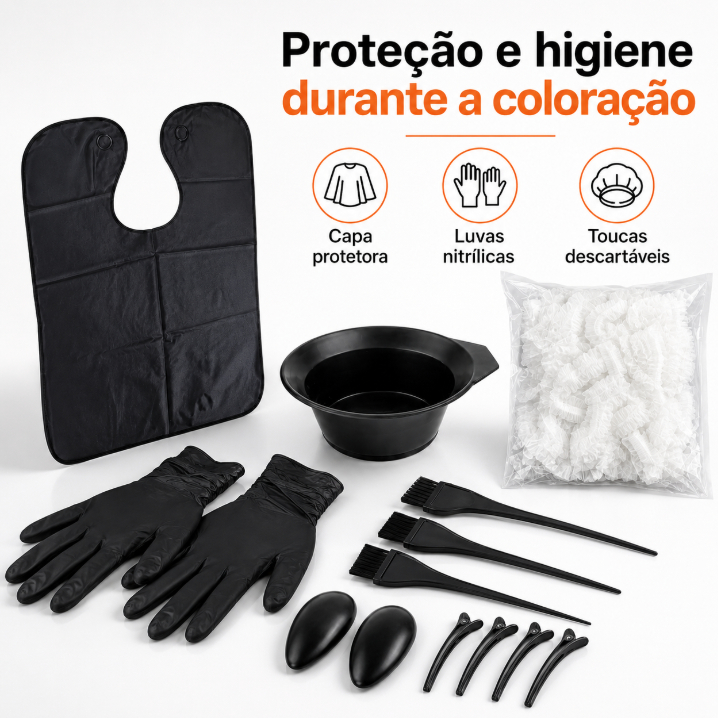 Kit 14 Peças Acessórios Coloração Capilar Tigela Pincéis Capa Luvas para Casa e Salão